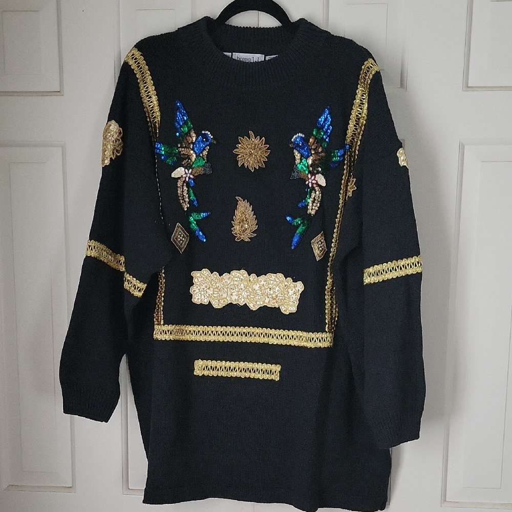 Vintage Bonnie And Bill Beaded Parrot Sweater Regal Maximalist Sz 3x Mockneck